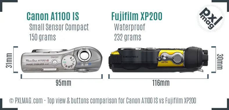 Canon A1100 IS vs Fujifilm XP200 top view buttons comparison