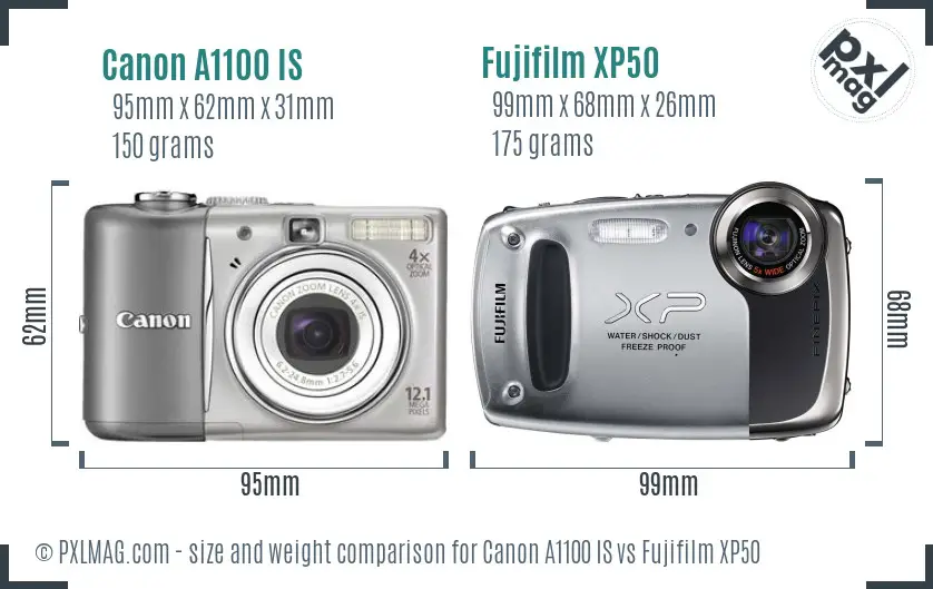 Canon A1100 IS vs Fujifilm XP50 size comparison