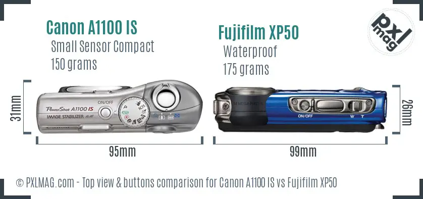 Canon A1100 IS vs Fujifilm XP50 top view buttons comparison