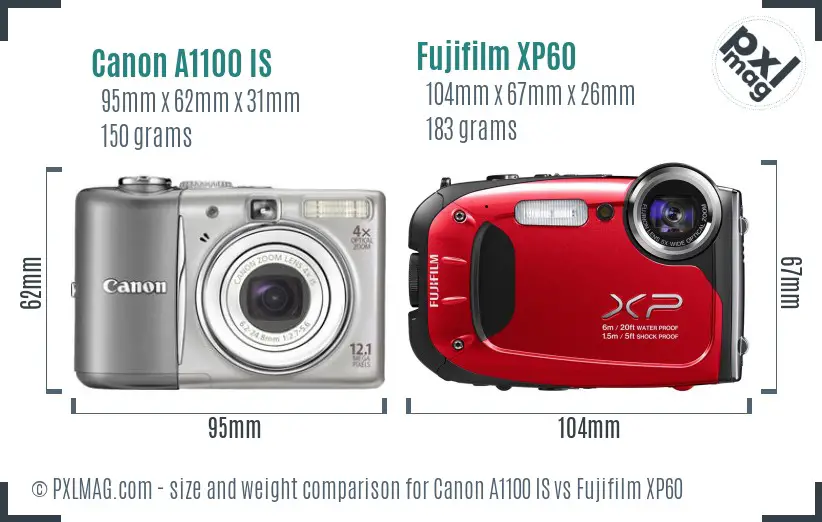 Canon A1100 IS vs Fujifilm XP60 size comparison