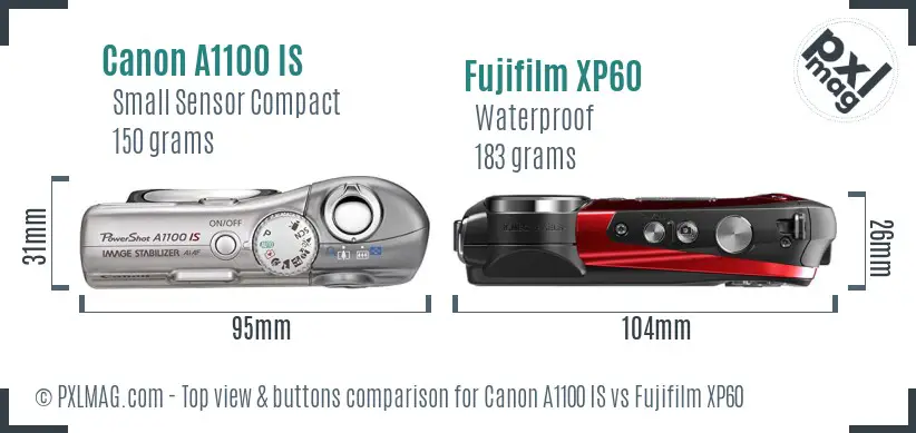 Canon A1100 IS vs Fujifilm XP60 top view buttons comparison