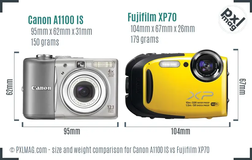 Canon A1100 IS vs Fujifilm XP70 size comparison