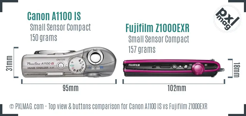 Canon A1100 IS vs Fujifilm Z1000EXR top view buttons comparison