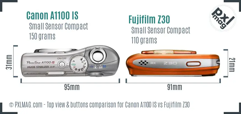 Canon A1100 IS vs Fujifilm Z30 top view buttons comparison Canon A1100 IS vs Fujifilm Z30 top view buttons comparison