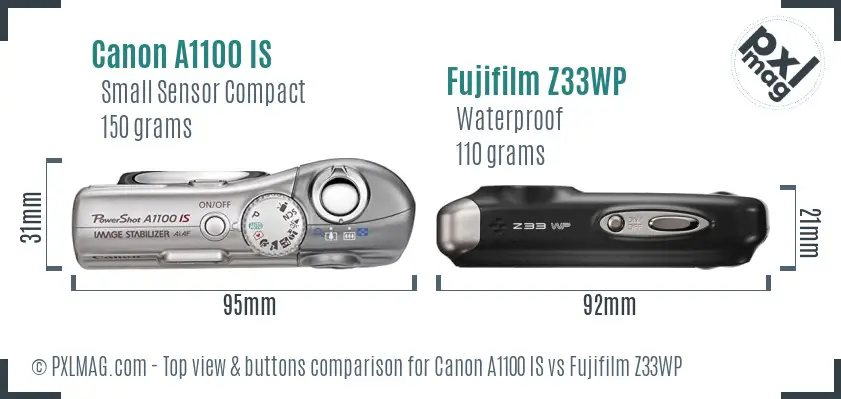 Canon A1100 IS vs Fujifilm Z33WP top view buttons comparison