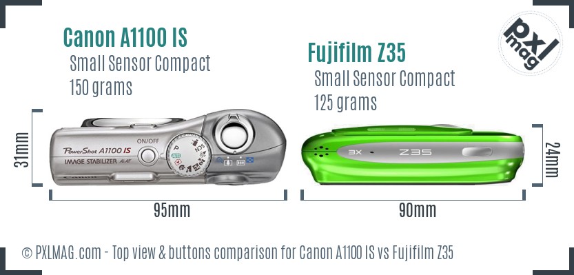 Canon A1100 IS vs Fujifilm Z35 top view buttons comparison