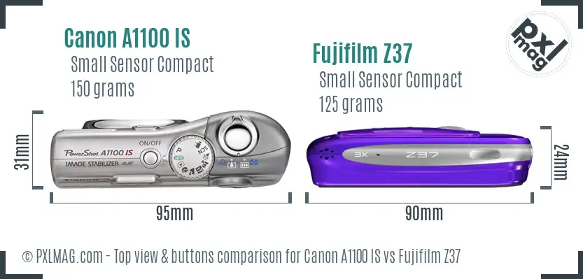 Canon A1100 IS vs Fujifilm Z37 top view buttons comparison