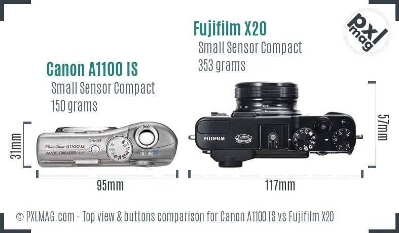 Canon A1100 IS vs Fujifilm X20 top view buttons comparison