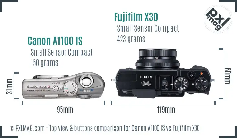 Canon A1100 IS vs Fujifilm X30 top view buttons comparison