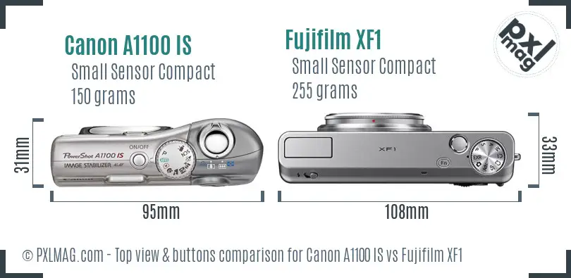 Canon A1100 IS vs Fujifilm XF1 top view buttons comparison