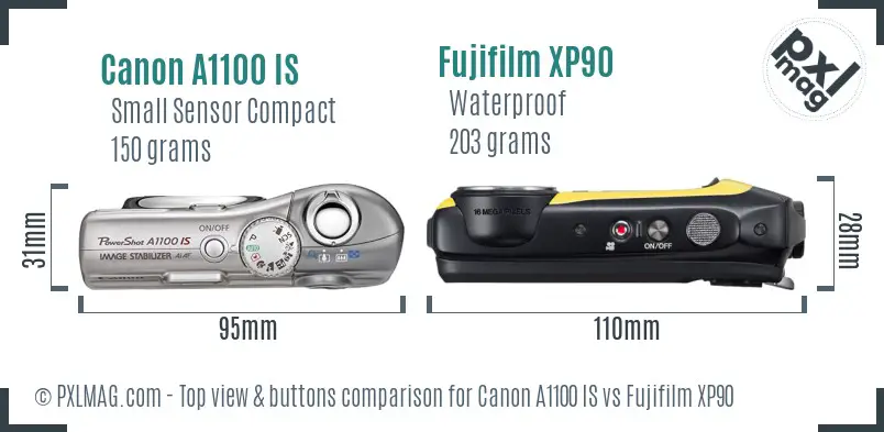 Canon A1100 IS vs Fujifilm XP90 top view buttons comparison