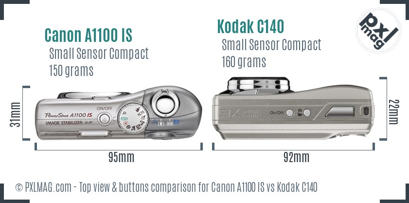 Canon A1100 IS vs Kodak C140 top view buttons comparison