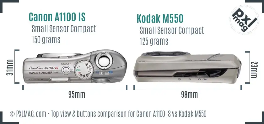 Canon A1100 IS vs Kodak M550 top view buttons comparison