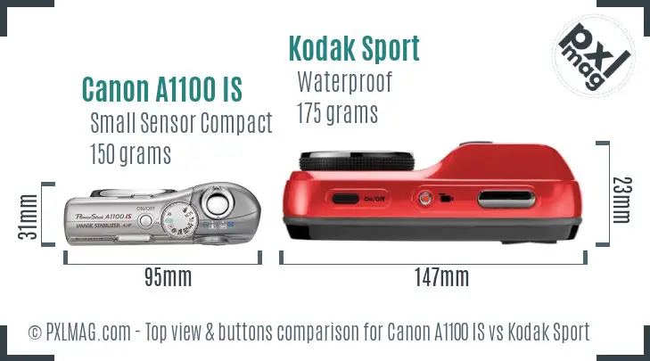 Canon A1100 IS vs Kodak Sport top view buttons comparison