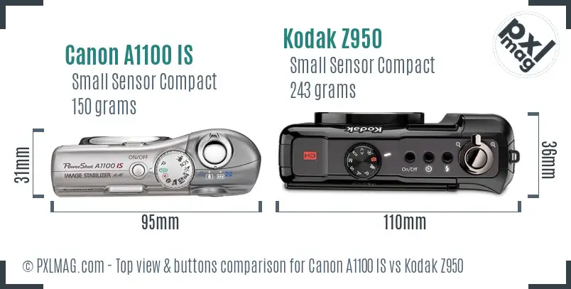 Canon A1100 IS vs Kodak Z950 top view buttons comparison