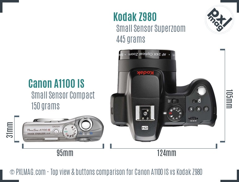 Canon A1100 IS vs Kodak Z980 top view buttons comparison