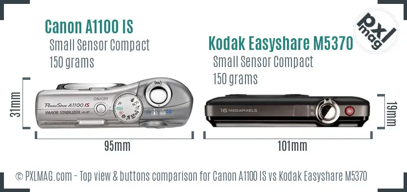 Canon A1100 IS vs Kodak Easyshare M5370 top view buttons comparison