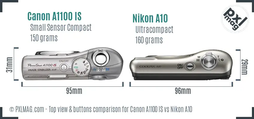 Canon A1100 IS vs Nikon A10 top view buttons comparison