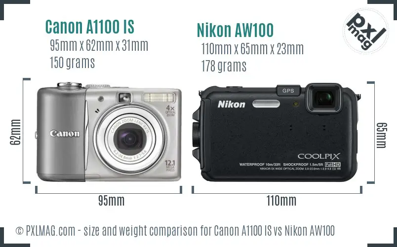 Canon A1100 IS vs Nikon AW100 size comparison