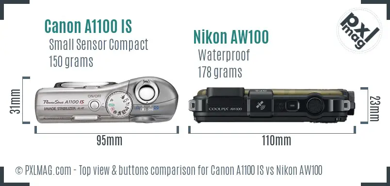 Canon A1100 IS vs Nikon AW100 top view buttons comparison