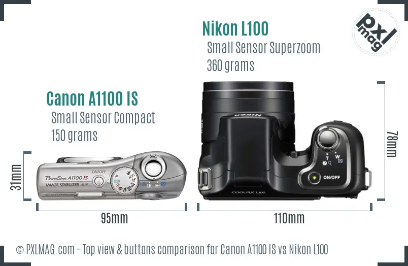Canon A1100 IS vs Nikon L100 top view buttons comparison