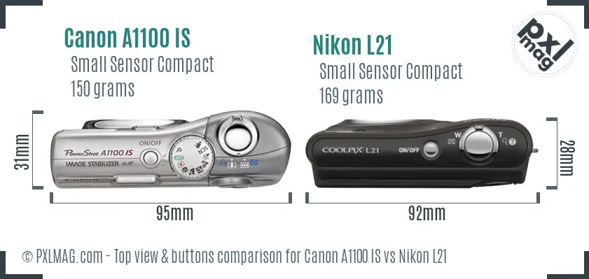 Canon A1100 IS vs Nikon L21 top view buttons comparison