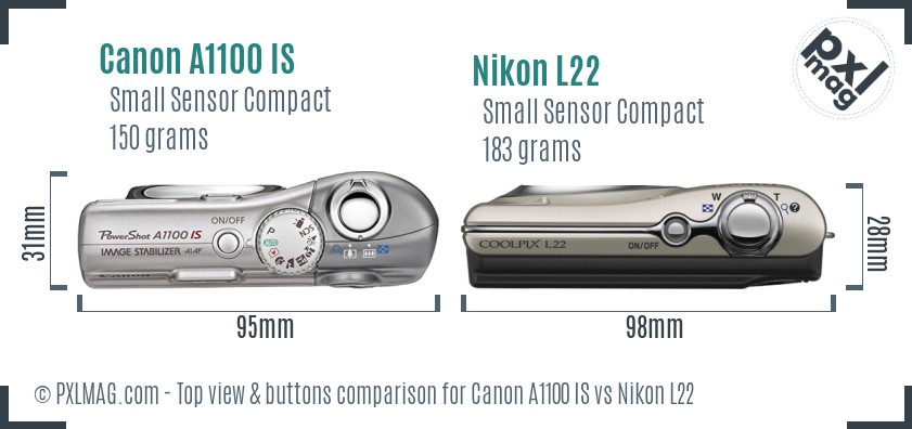 Canon A1100 IS vs Nikon L22 top view buttons comparison