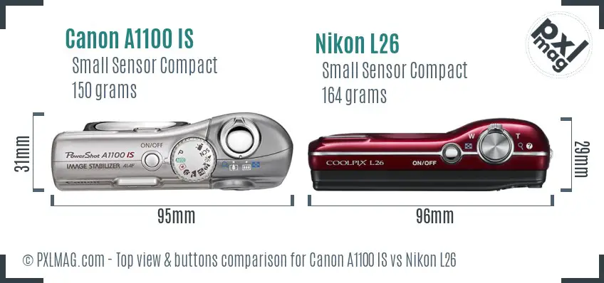 Canon A1100 IS vs Nikon L26 top view buttons comparison