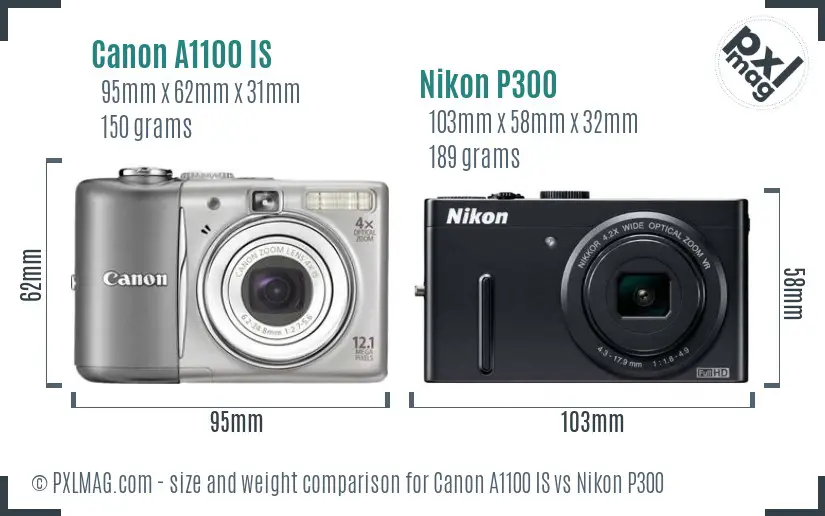 Canon A1100 IS vs Nikon P300 size comparison Canon A1100 IS vs Nikon P300 size comparison