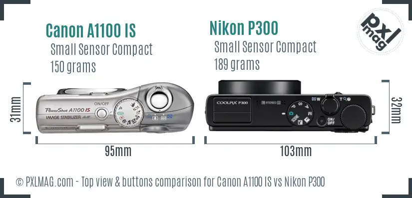 Canon A1100 IS vs Nikon P300 top view buttons comparison Canon A1100 IS vs Nikon P300 top view buttons comparison