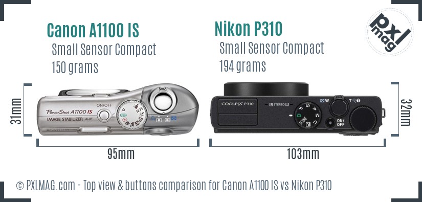 Canon A1100 IS vs Nikon P310 top view buttons comparison