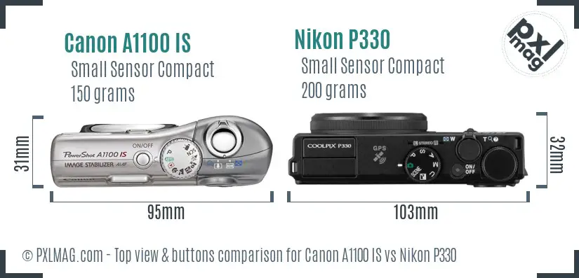 Canon A1100 IS vs Nikon P330 top view buttons comparison