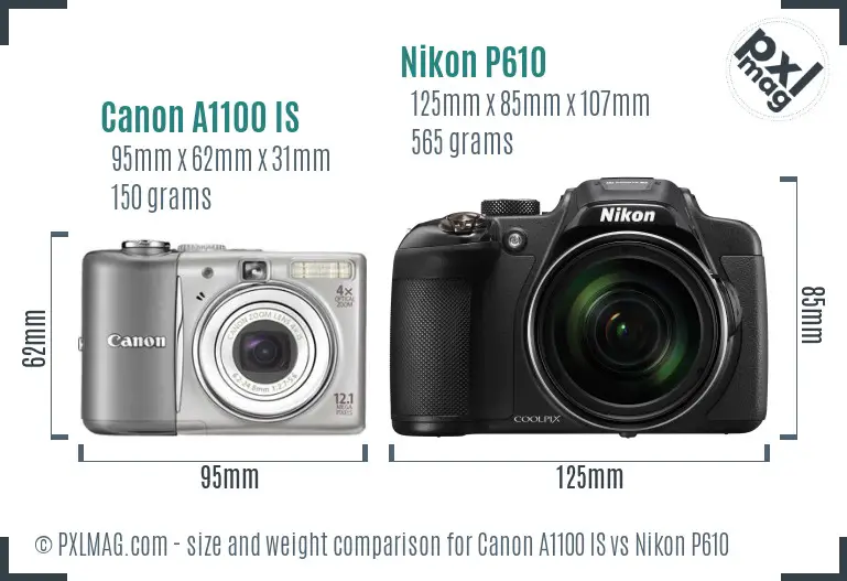 Canon A1100 IS vs Nikon P610 size comparison