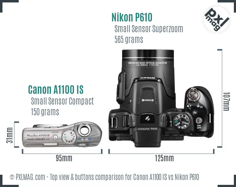 Canon A1100 IS vs Nikon P610 top view buttons comparison