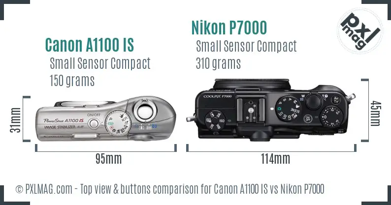 Canon A1100 IS vs Nikon P7000 top view buttons comparison