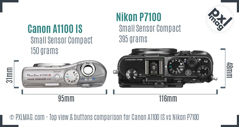 Canon A1100 IS vs Nikon P7100 top view buttons comparison
