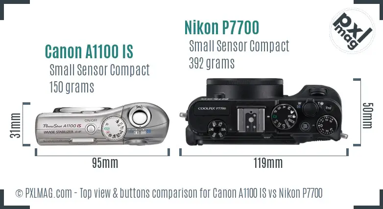 Canon A1100 IS vs Nikon P7700 top view buttons comparison