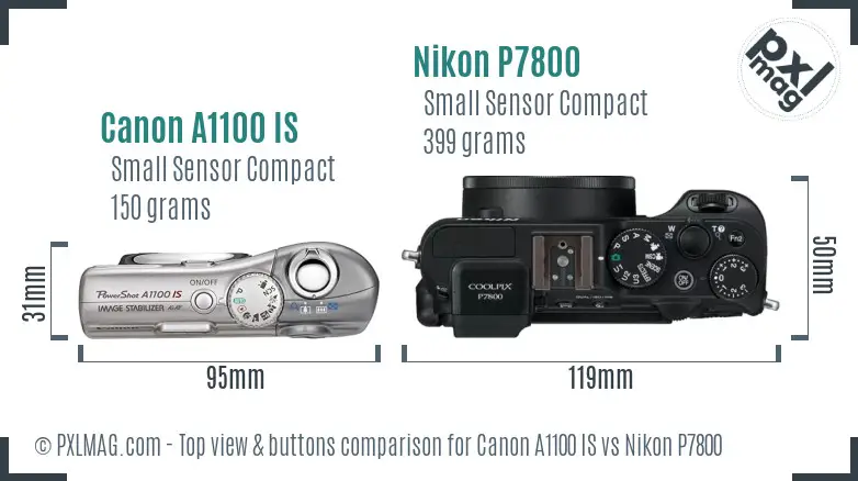 Canon A1100 IS vs Nikon P7800 top view buttons comparison