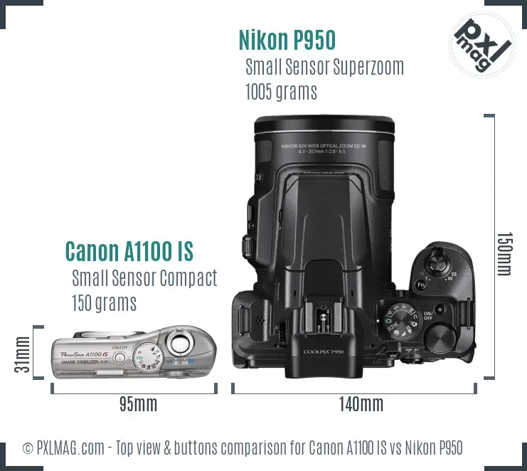 Canon A1100 IS vs Nikon P950 top view buttons comparison Canon A1100 IS vs Nikon P950 top view buttons comparison