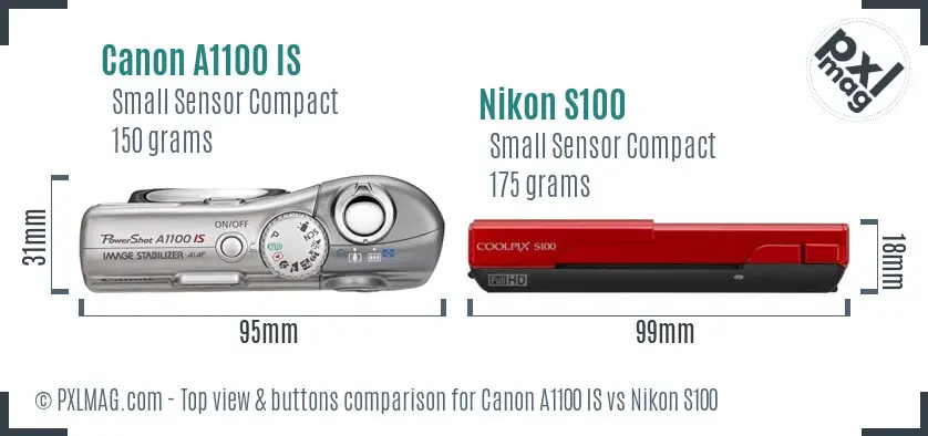 Canon A1100 IS vs Nikon S100 top view buttons comparison Canon A1100 IS vs Nikon S100 top view buttons comparison