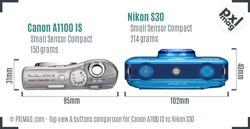 Canon A1100 IS vs Nikon S30 top view buttons comparison Canon A1100 IS vs Nikon S30 top view buttons comparison