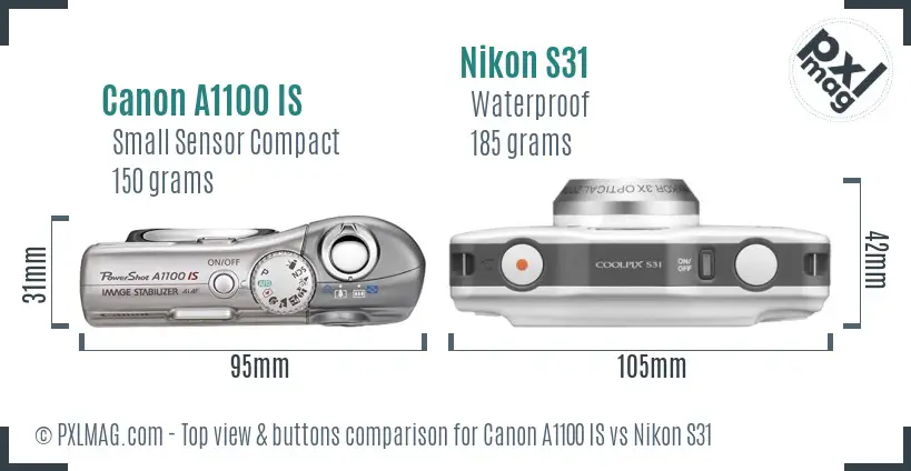 Canon A1100 IS vs Nikon S31 top view buttons comparison