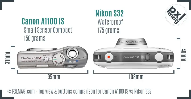 Canon A1100 IS vs Nikon S32 top view buttons comparison