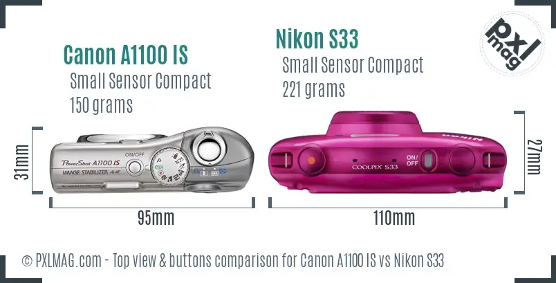 Canon A1100 IS vs Nikon S33 top view buttons comparison Canon A1100 IS vs Nikon S33 top view buttons comparison