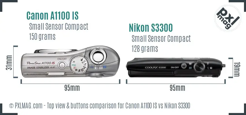 Canon A1100 IS vs Nikon S3300 top view buttons comparison