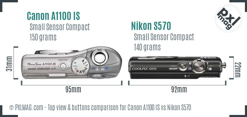 Canon A1100 IS vs Nikon S570 top view buttons comparison