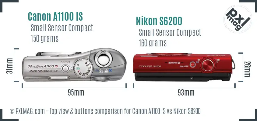Canon A1100 IS vs Nikon S6200 top view buttons comparison