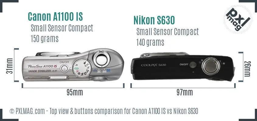 Canon A1100 IS vs Nikon S630 top view buttons comparison