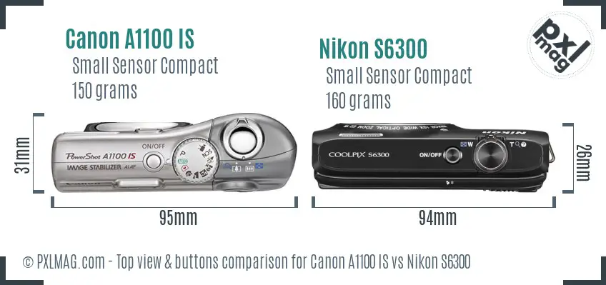 Canon A1100 IS vs Nikon S6300 top view buttons comparison