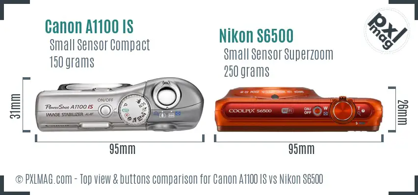 Canon A1100 IS vs Nikon S6500 top view buttons comparison